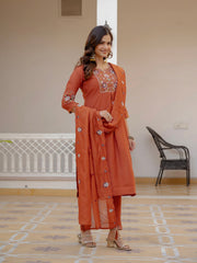 Alluring Rust Pure Viscose Mango Silk Multi Embroidery Work Kurti Set