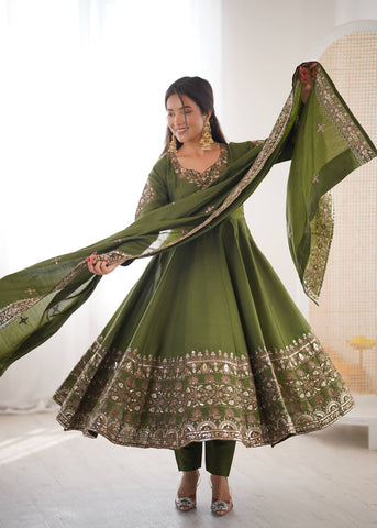 Stylish Red Roman Silk with Embroidery Sequence Work Gown