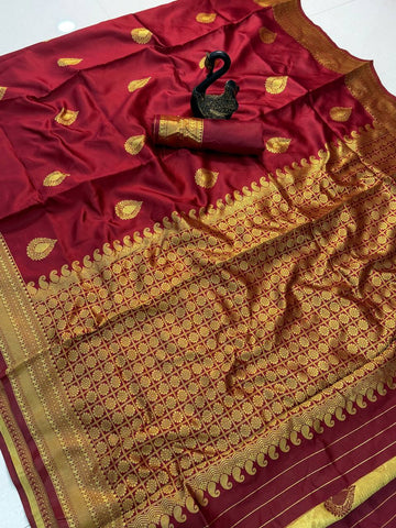 Maroon Lichi Silk Banarasi Saree Wedding Wear Saree