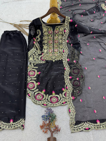 Beautiful Black Silk with Sequence Work Sharara Suit