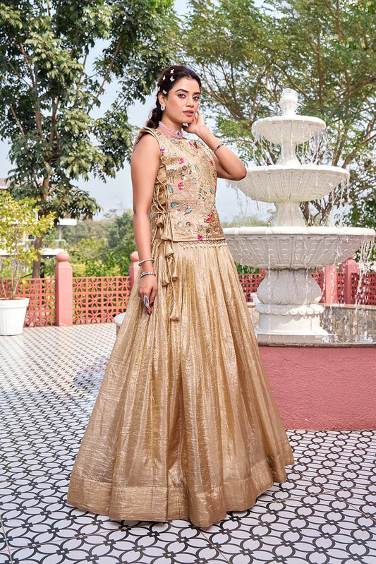 Exclusive Gold Pure Crush Heavy Embroidery Lehenga With Top