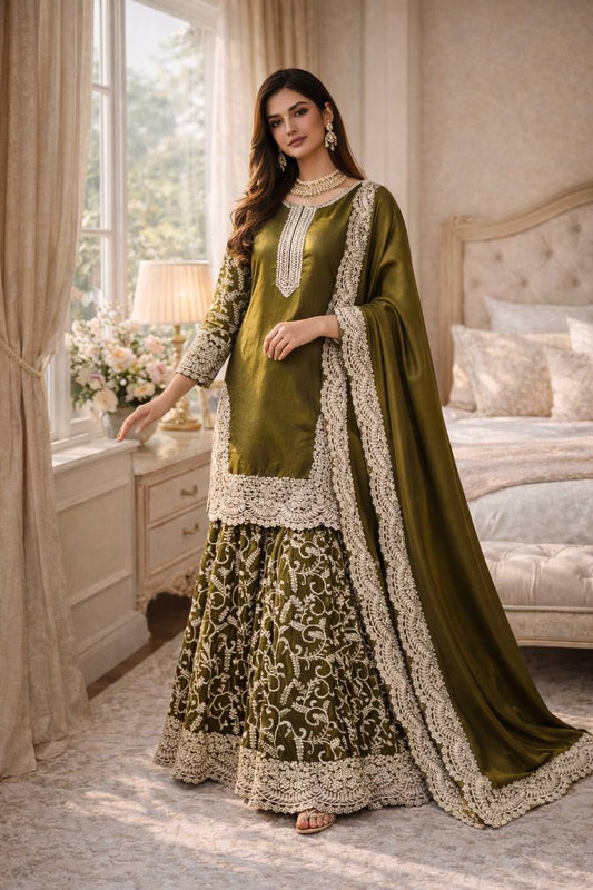 Mehndi Color Heavy Fandy Silk Embroidery Work Sharara Suit