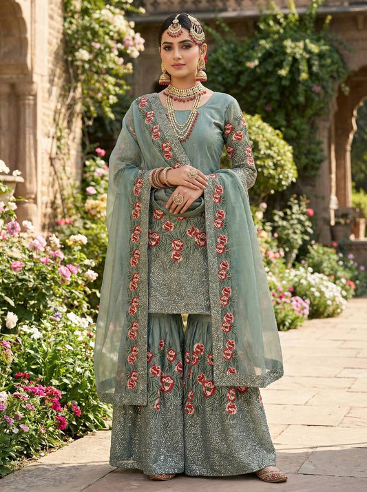 Gorgeous Green Fendy Silk with Heavy Embroidery Sharara Suit