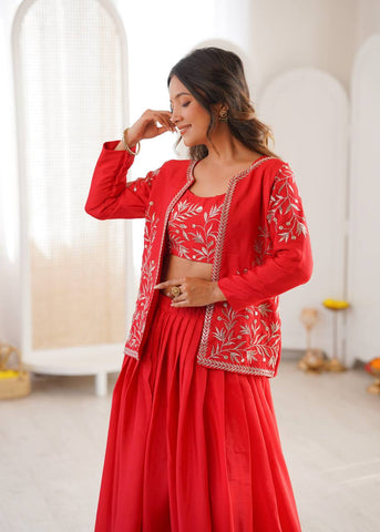 Stunning Red Havy Chinon Silk Plain Lehenga
