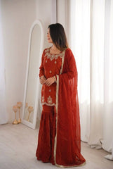Red Fendy Silk with Sequence Work Sharara Suit