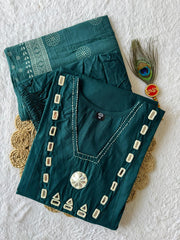Opulent Dark Teal Cotton Mirror Work Kurti