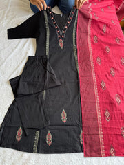 Alluring Red Pure Cotton with Block Work Suit Set