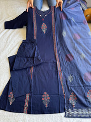 Classic Navy Blue Cotton with Block Work Kurti Set