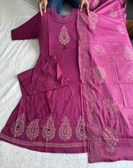 Rani Pink Cotton with Mirror Hand Work Kurti Set