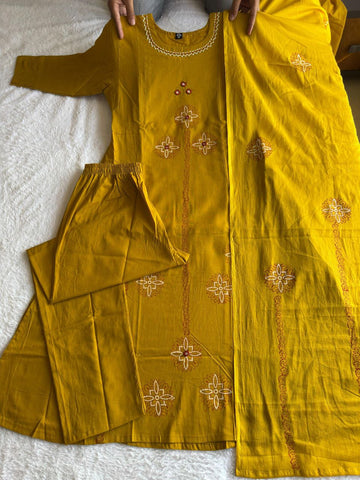 Mustard Cotton with Mirror Hand Work Kurti Set