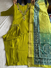 Amazing Green Lichi Silk Jacquard Work Kurti Suit
