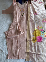 Charming Light Peach Premium Roman Silk Hand Work Suit
