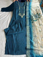Lovely Blue Premium Roman Silk Hand Work Suit