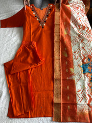 Exclusive Orange Roman Silk with Hand Work Kurti Set