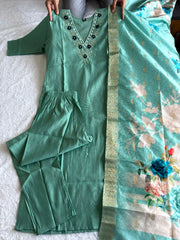 Pista Green V-Neck Floral Embroidered Kurti Set