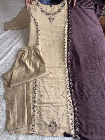 Exclusive Beige Premium Silk Embroidery Work Kurti Set