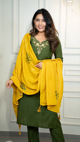 Attractive Green Premium Roman Silk Hand Work Kurti Set