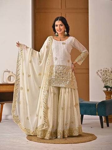 Amazing White Georgette Silk Embroidery Sharara Suit