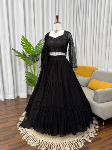 Gorgeous Black Foux Georgette Ruffle Work Lehenga Choli