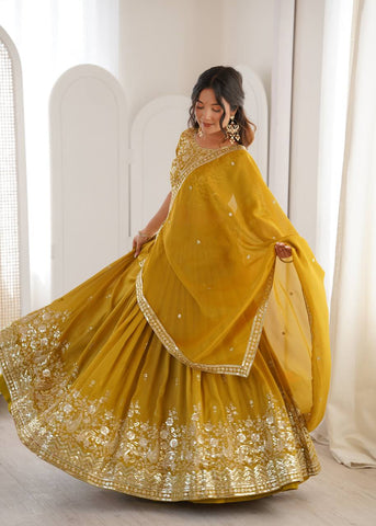 Charming Yellow Havy Simmer Silk Thread Work Lehenga