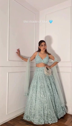 Exclusive Blue Butterfly Net Embroidery Lehenga