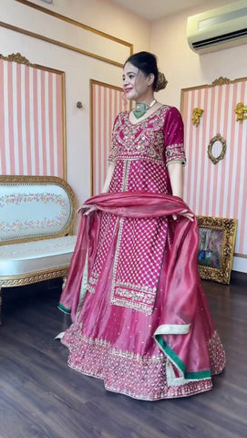 Function Wear Pink Chinon Silk Lehenga Choli