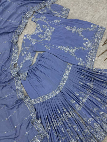 Alluring Blue Embroidery Work Sharara Suit
