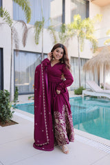 Lovely Wine Rangoli Crush with Multiwork Gown