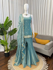Blue Fendy Silk Thread Work Sharara Suit