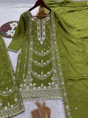 Exclusive Parrot Green Chinon Embroidery Work Palazzo Suit