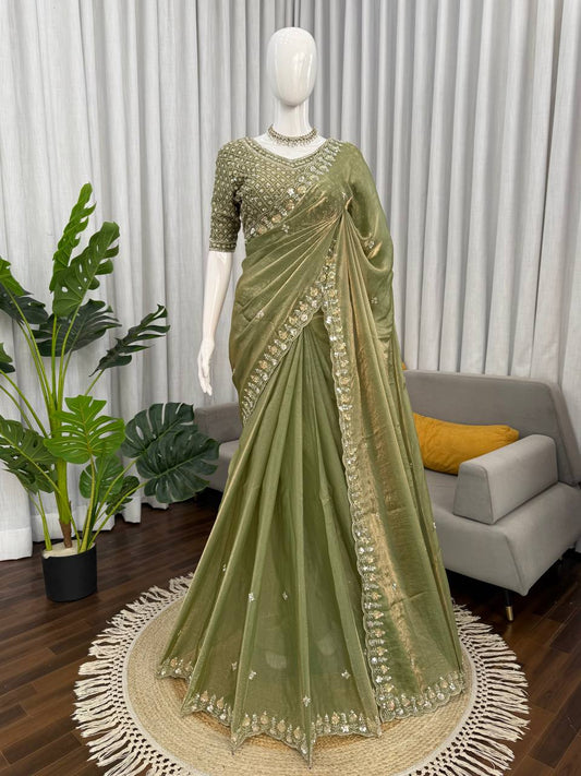 Trending Sequence Work Mehndi Green Silk Saree