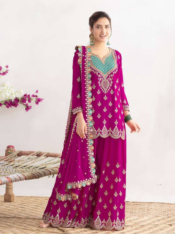 Stylish Chinon Silk Embroidery Work Sharara Suit