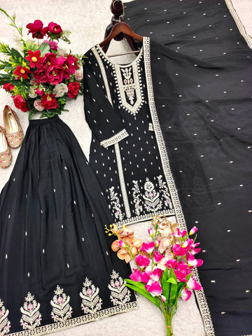 Charming White Chinon Silk Embroidery Work Sharara Suit