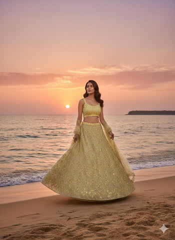 Captivating Yellow Butterfly Net Embroidery Work Lehenga