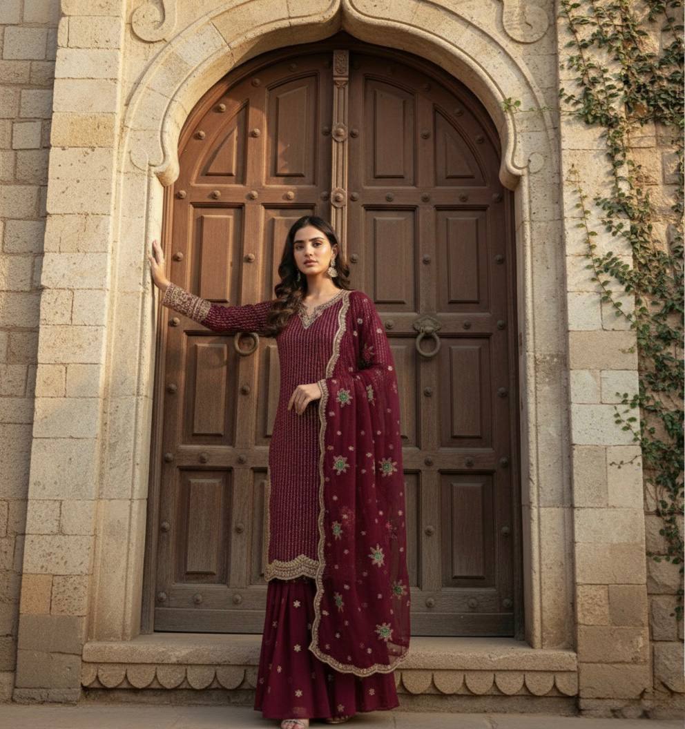 Fabulous Heavy Georgette Embroidery Sharara Suit