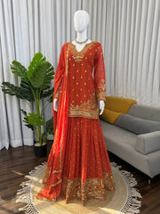 Orange Heavy GeorgetteThread Work Sharara Suit