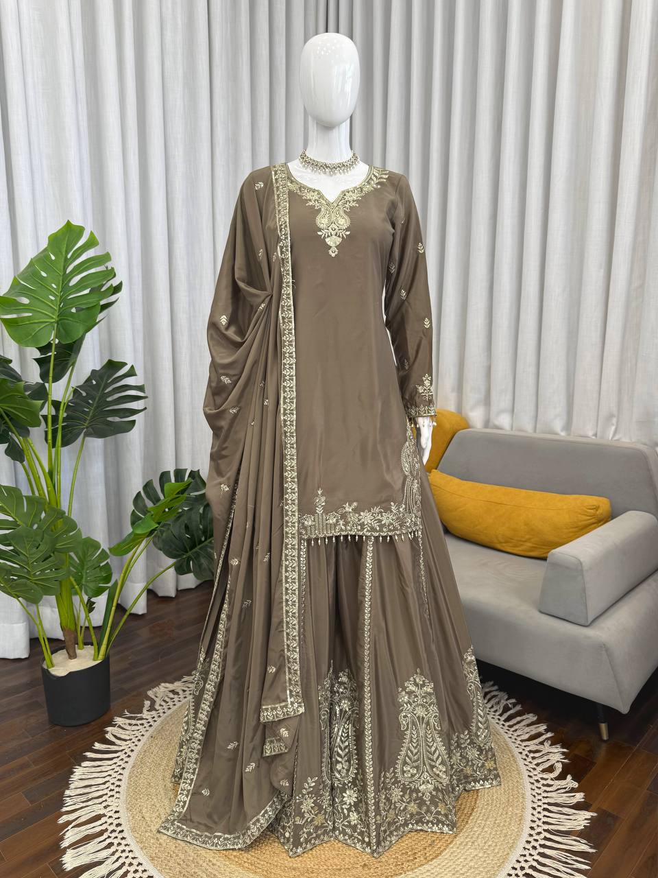 Stunning Brown Heavy Natural Crepe with Intricate Thread Work Sharara Suit