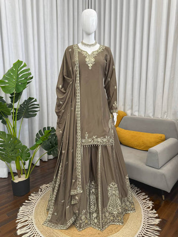 Stunning Brown Heavy Natural Crepe with Intricate Thread Work Sharara Suit