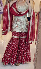 Trendy Red and White Silk with Sequence Work Sharara Suit
