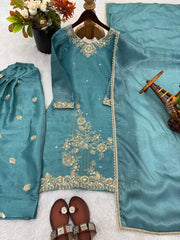 Amazing  Aqua Blue Silk Embroidery Work Sharara Suit