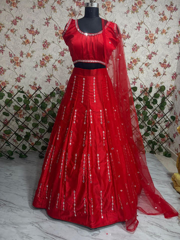 Captivating Red Malai Satin Silk Embroidered Lehenga