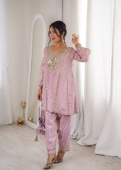 Innovative Pink Mirror Embroidery Kurti Set