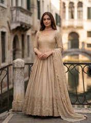 Amazing Beige Pure Cinon Silk with Sequin Work Gown