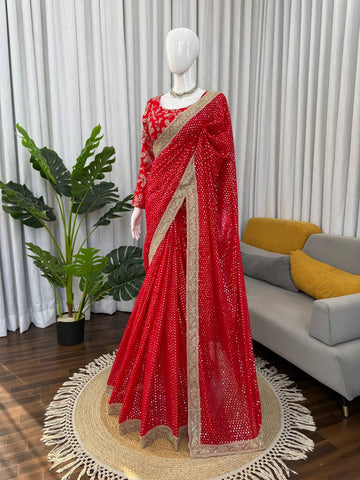 Fabulous Red Faux Blooming with Coding Saree