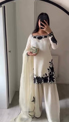 Imposing Cream Fendy Silk Thread Embroidered Kurti Set