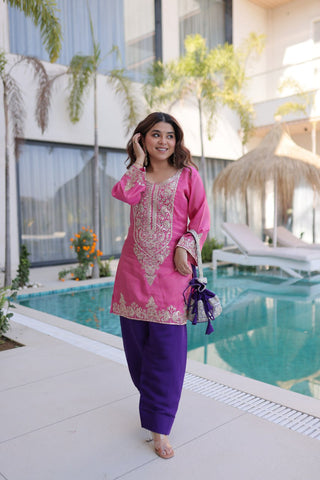 Amazing Roman Fabric with Embroidery Work Top Set