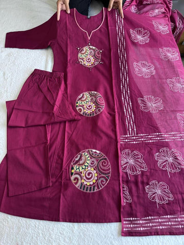 Alluring Burgundy Cotton Embroidery Work Kurti