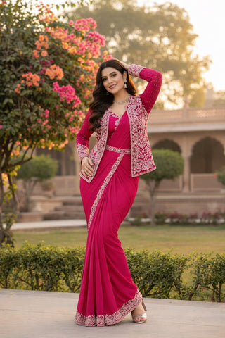 Exclusive Pink Heavy Crep Silk Embroidery Sequence Saree Set