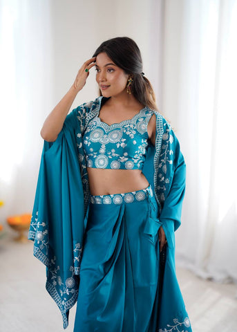 Exclusive Teal Blue Silk Embroidery Work Skirt With Top