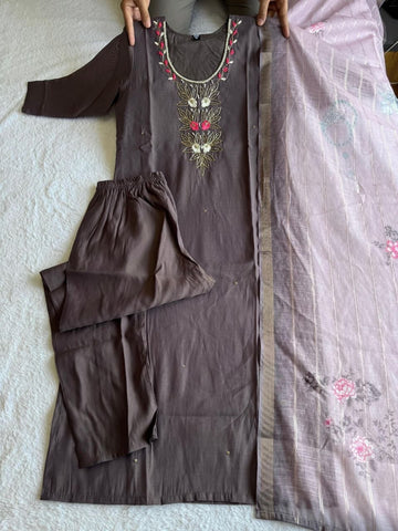 Stylish Grey Mul Chanderi Hand Work Suit